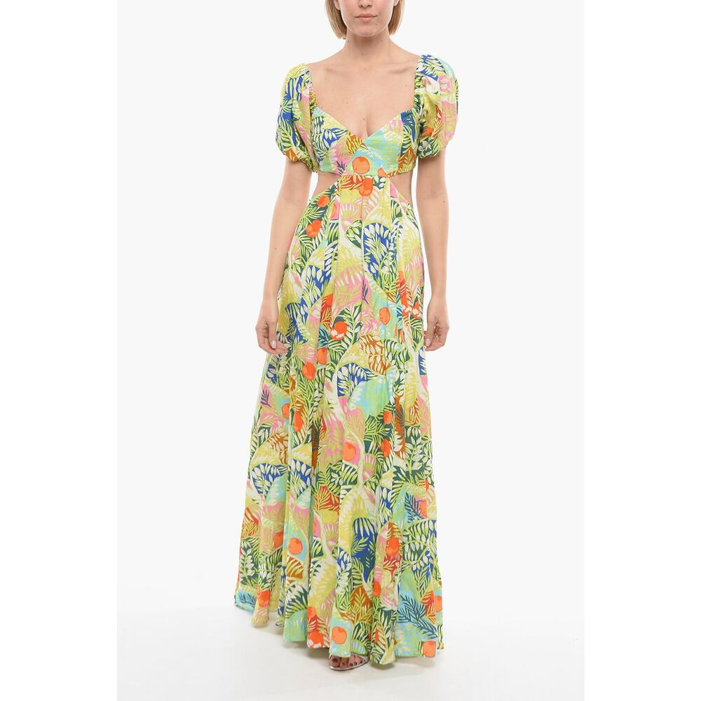 Staud Linen Plant Motif Puff Sleeve Cut-Out Coliseum Maxi Dress Green Size 6